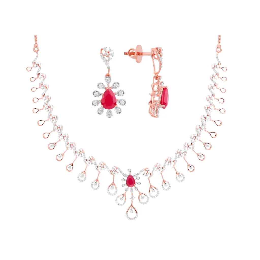 Rose Gold-Plated Ruby &amp;amp;amp; Diamond Teardrop Necklace and Earrings Set